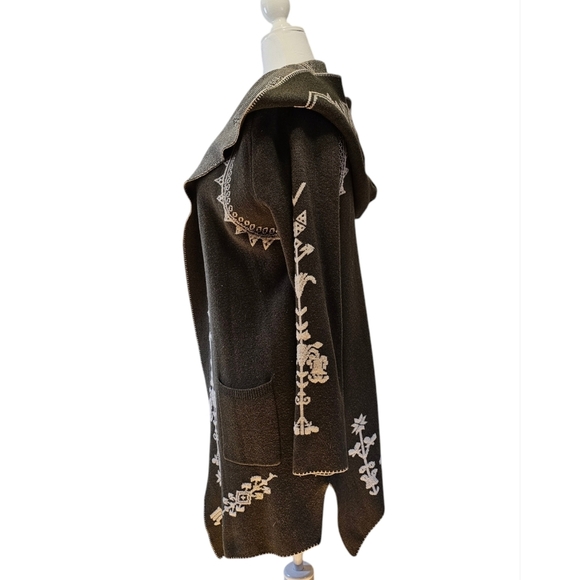 Olive Green Vertigo Long Open Drape Sweater Jacket with Hood Aztec Print Size M - Picture 3 of 9